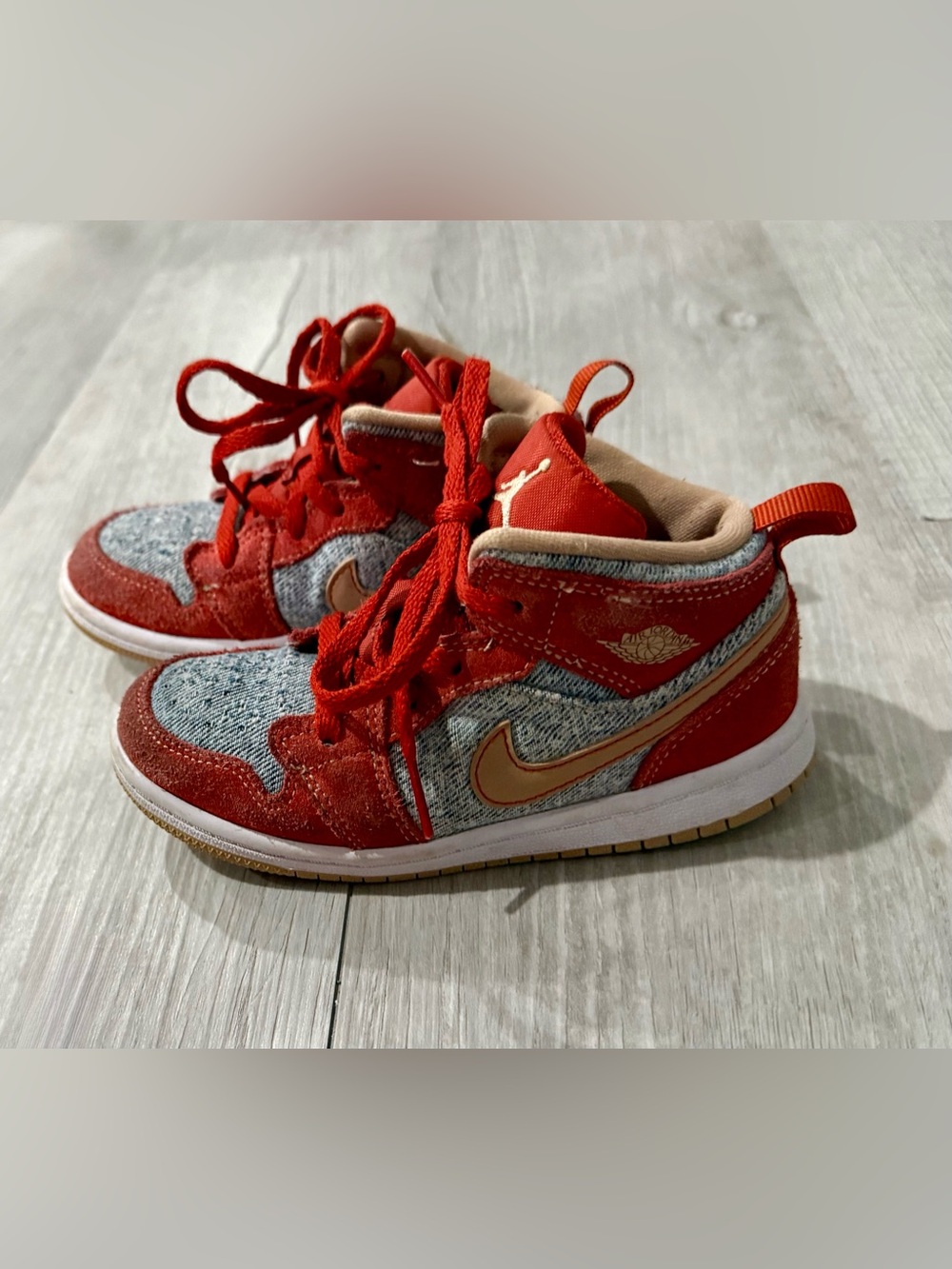 Jordan Air Jordan 1 Mid Top Leather Lace-Up Sneakers Denim/Red Suede Kids 10C